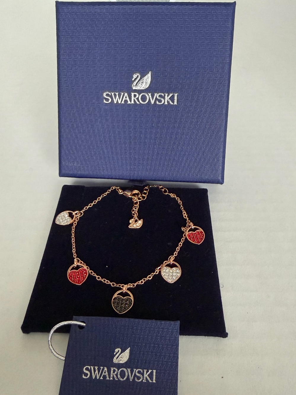 Swarovski Rose Gold Bracelet with Pink, Black & White Heart Charms - Picture 4 of 6